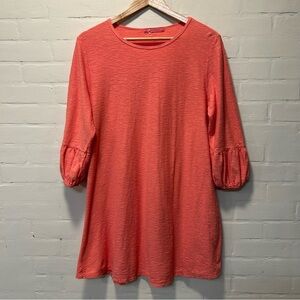 Cut Loose Coral Cotton Linen A-Line Dress with Lantern Sleeves Size L